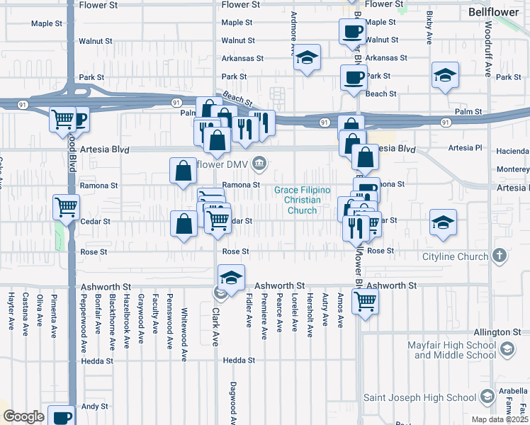 map of restaurants, bars, coffee shops, grocery stores, and more near 9525 Cedar Street in Bellflower