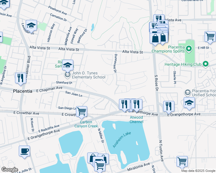 map of restaurants, bars, coffee shops, grocery stores, and more near 988 Spyglass Place in Placentia
