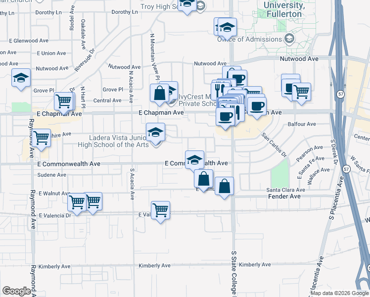 map of restaurants, bars, coffee shops, grocery stores, and more near 201 Ladera Vista Drive in Fullerton