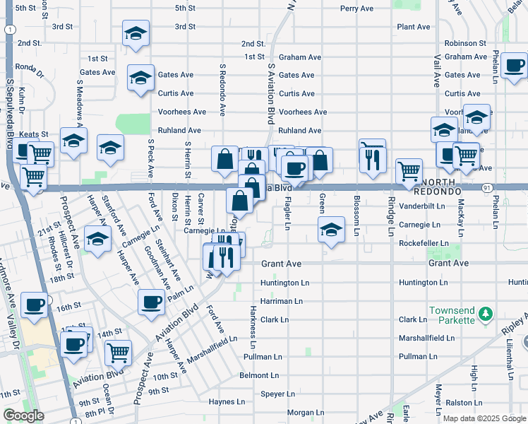 map of restaurants, bars, coffee shops, grocery stores, and more near 1801 Aviation Way in Redondo Beach