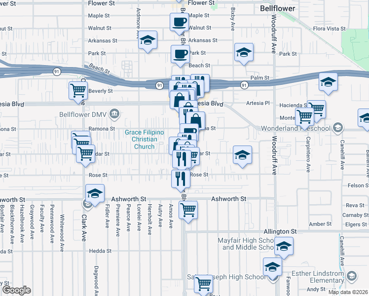 map of restaurants, bars, coffee shops, grocery stores, and more near 17620 Bellflower Boulevard in Bellflower
