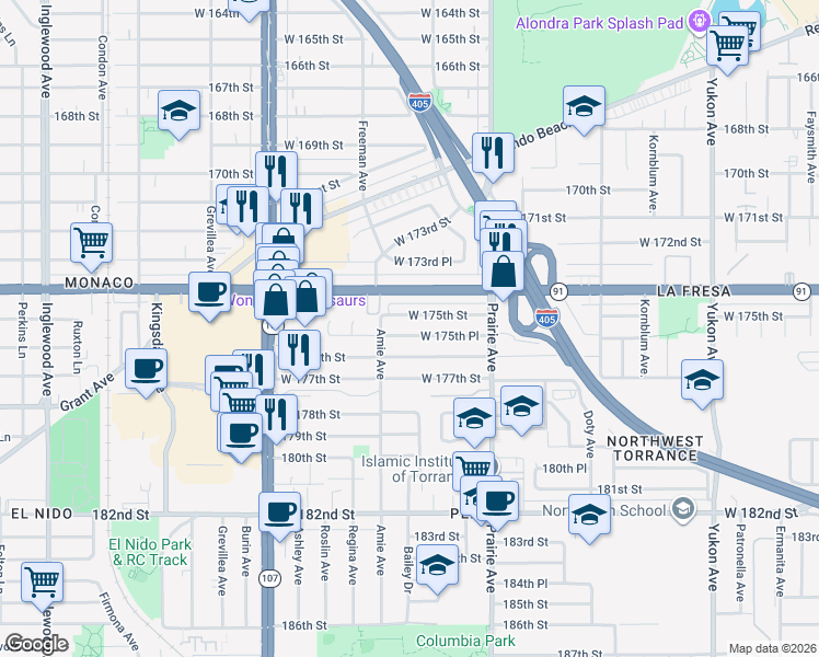 map of restaurants, bars, coffee shops, grocery stores, and more near 4123 West 175th Place in Torrance