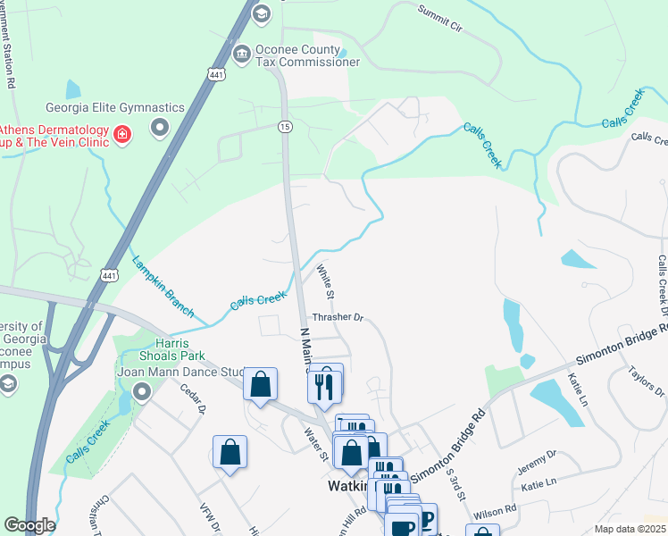 map of restaurants, bars, coffee shops, grocery stores, and more near 120 White Street in Watkinsville