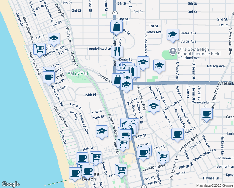 map of restaurants, bars, coffee shops, grocery stores, and more near 2420 California 1 in Hermosa Beach