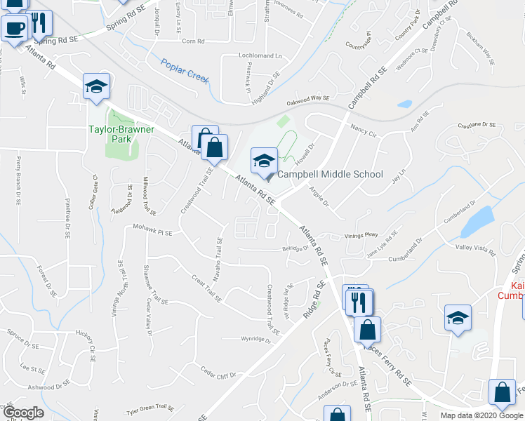 map of restaurants, bars, coffee shops, grocery stores, and more near 3313 Vintage Circle Southeast in Smyrna