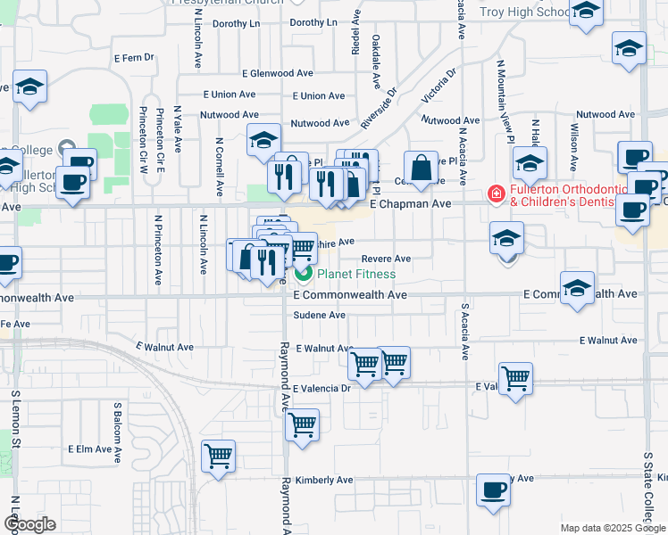 map of restaurants, bars, coffee shops, grocery stores, and more near 125 North Montague Avenue in Fullerton