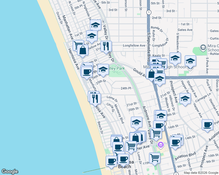 map of restaurants, bars, coffee shops, grocery stores, and more near 2426 Silverstrand Avenue in Hermosa Beach
