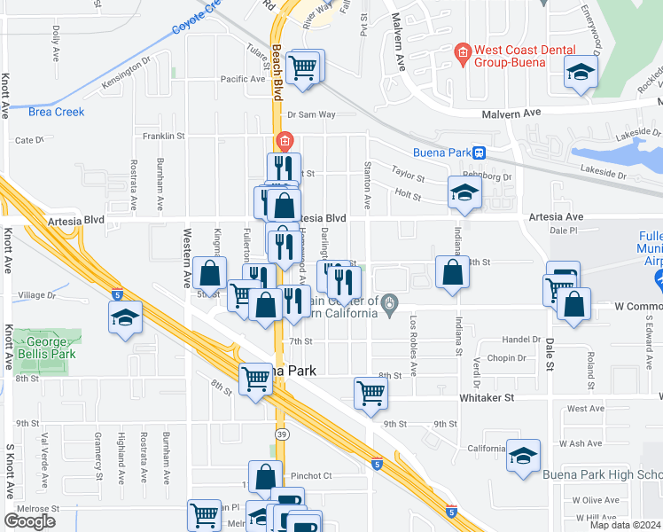 map of restaurants, bars, coffee shops, grocery stores, and more near 6122 Darlington Avenue in Buena Park