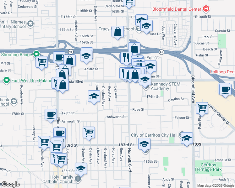 map of restaurants, bars, coffee shops, grocery stores, and more near 12103 176th Street in Artesia