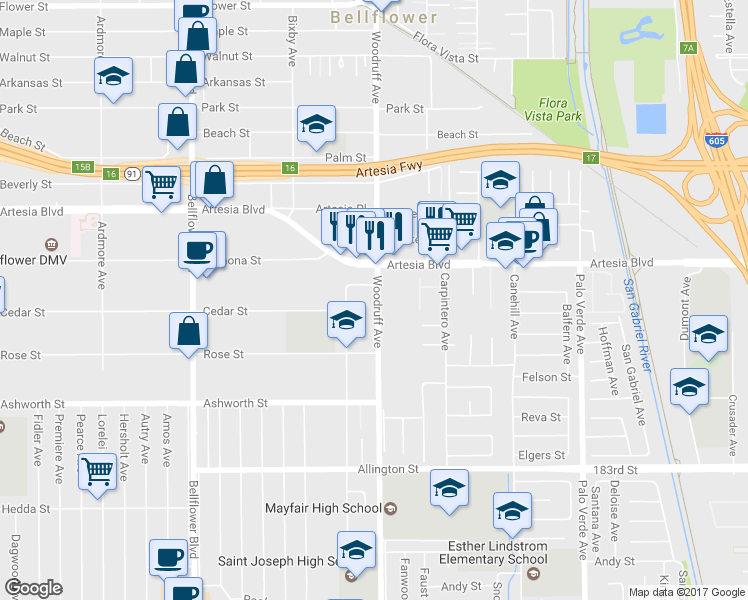 map of restaurants, bars, coffee shops, grocery stores, and more near 17717 Woodruff Avenue in Bellflower