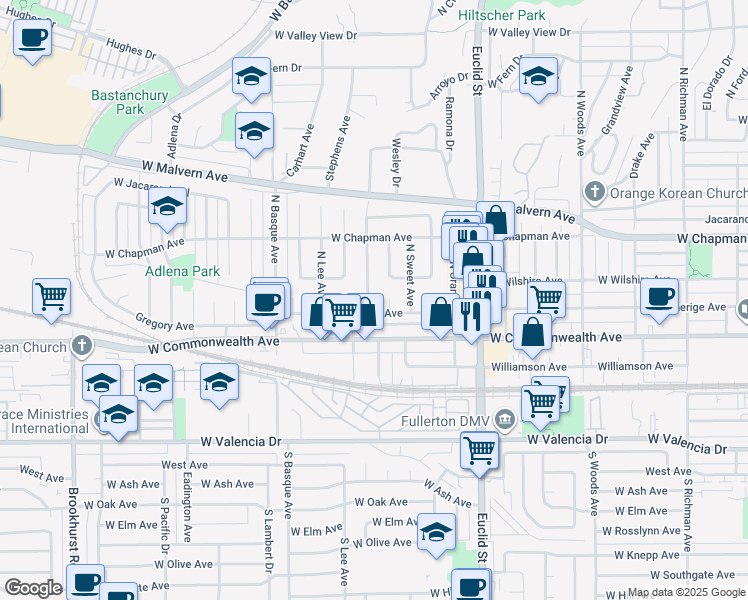 map of restaurants, bars, coffee shops, grocery stores, and more near 208 North Orchard Avenue in Fullerton