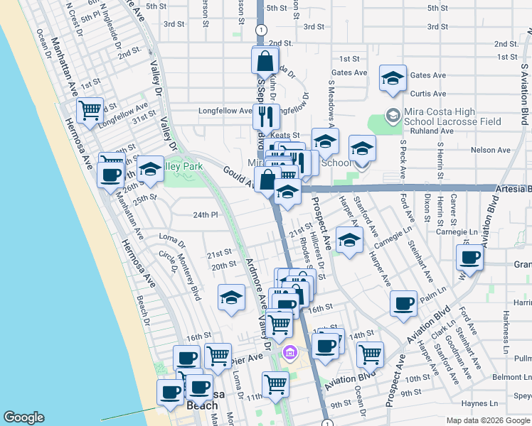 map of restaurants, bars, coffee shops, grocery stores, and more near 740 24th Place in Hermosa Beach