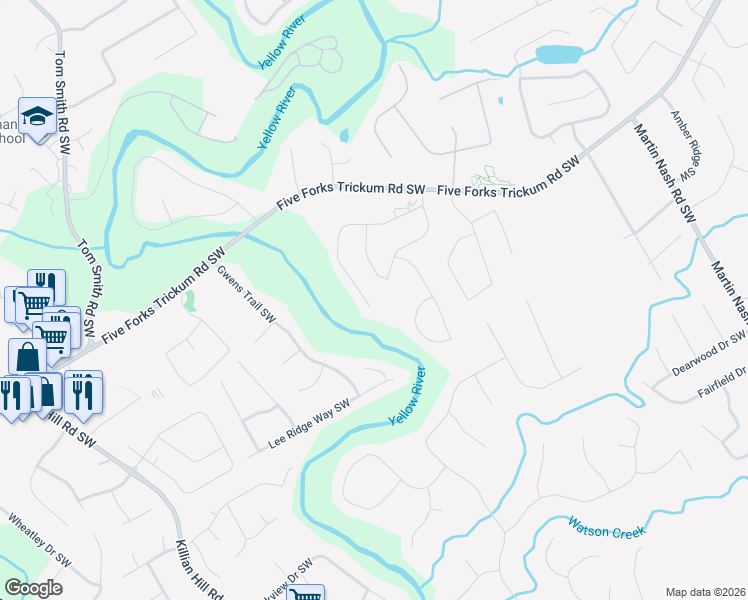 map of restaurants, bars, coffee shops, grocery stores, and more near 3840 Terrasol Trail Southwest in Lilburn