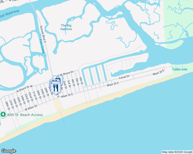 map of restaurants, bars, coffee shops, grocery stores, and more near 421 Sailfish Street in Sunset Beach