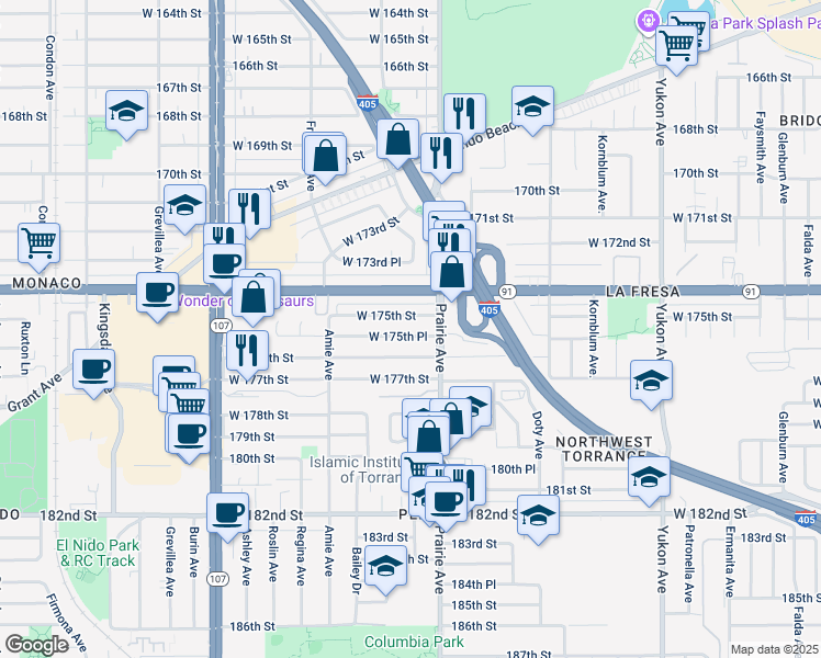 map of restaurants, bars, coffee shops, grocery stores, and more near 4023 West 175th Place in Torrance
