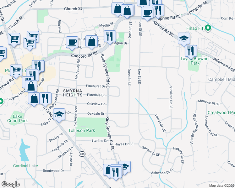 map of restaurants, bars, coffee shops, grocery stores, and more near 1244 Pinehurst Circle in Smyrna