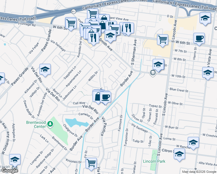 map of restaurants, bars, coffee shops, grocery stores, and more near 1186 Oakland Square in Corona