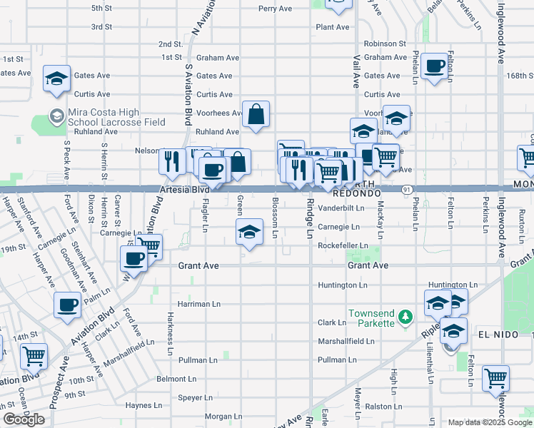 map of restaurants, bars, coffee shops, grocery stores, and more near 2016 Vanderbilt Lane in Redondo Beach