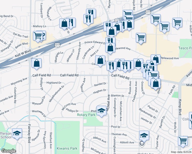 map of restaurants, bars, coffee shops, grocery stores, and more near 4200 Preston Drive in Wichita Falls