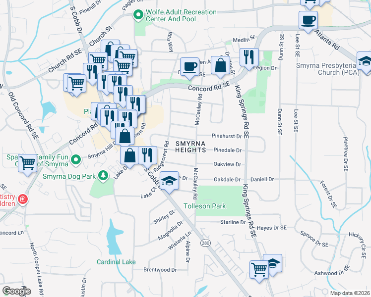 map of restaurants, bars, coffee shops, grocery stores, and more near 1031 Pinedale Drive in Smyrna