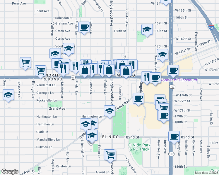 map of restaurants, bars, coffee shops, grocery stores, and more near 2706 Vanderbilt Lane in Redondo Beach