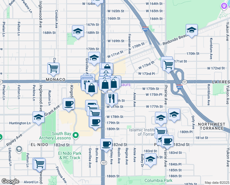 map of restaurants, bars, coffee shops, grocery stores, and more near 17542 Hawthorne Boulevard in Torrance