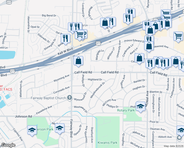 map of restaurants, bars, coffee shops, grocery stores, and more near 4431 Call Field Road in Wichita Falls