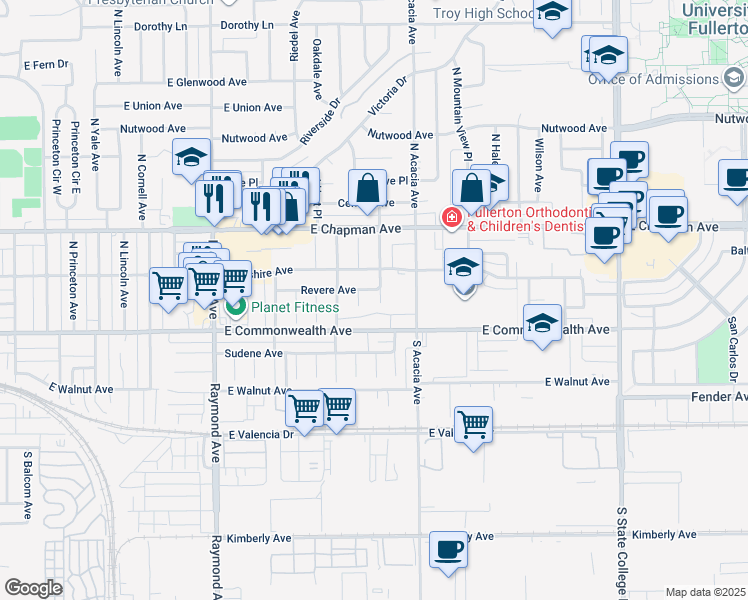 map of restaurants, bars, coffee shops, grocery stores, and more near 211 North Harrington Drive in Fullerton
