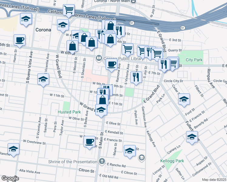 map of restaurants, bars, coffee shops, grocery stores, and more near 915 Ramona Avenue in Corona