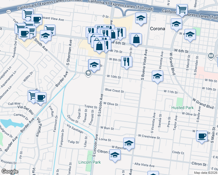 map of restaurants, bars, coffee shops, grocery stores, and more near 1065 Blue Crest Street in Corona