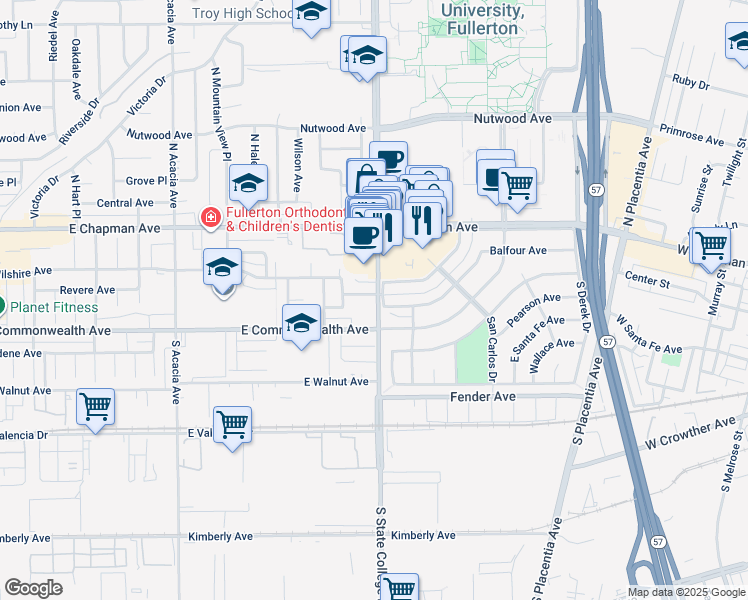 map of restaurants, bars, coffee shops, grocery stores, and more near 2401 Balfour Avenue in Fullerton