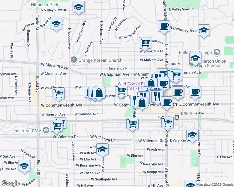 map of restaurants, bars, coffee shops, grocery stores, and more near 415 West Amerige Avenue in Fullerton