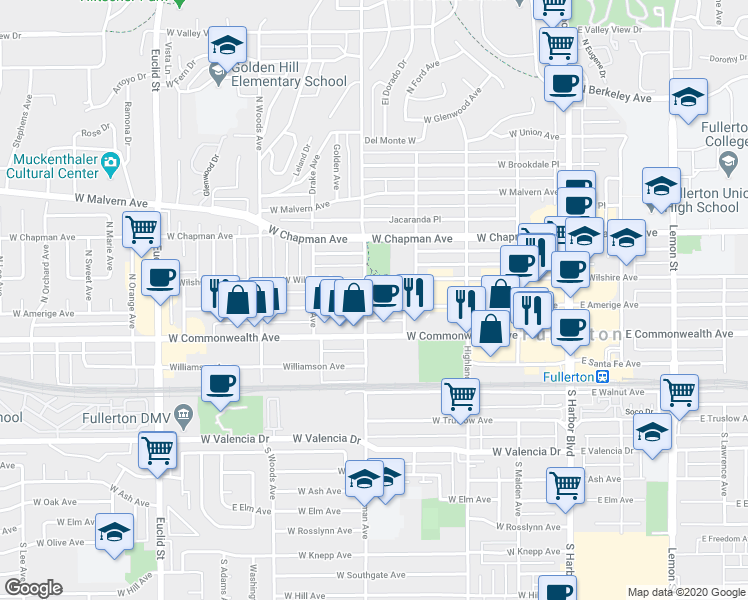 map of restaurants, bars, coffee shops, grocery stores, and more near 206 North Richman Avenue in Fullerton