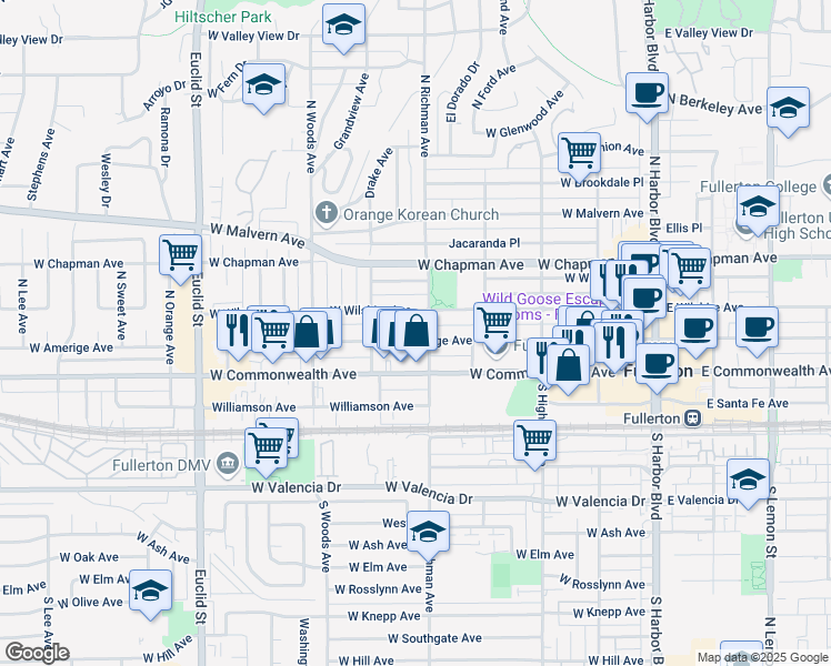 map of restaurants, bars, coffee shops, grocery stores, and more near 206 North Richman Avenue in Fullerton