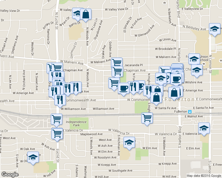 map of restaurants, bars, coffee shops, grocery stores, and more near 531 West Amerige Avenue in Fullerton