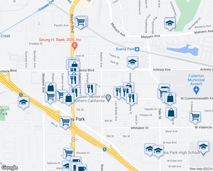 map of restaurants, bars, coffee shops, grocery stores, and more near 6152 Stanton Avenue in Buena Park