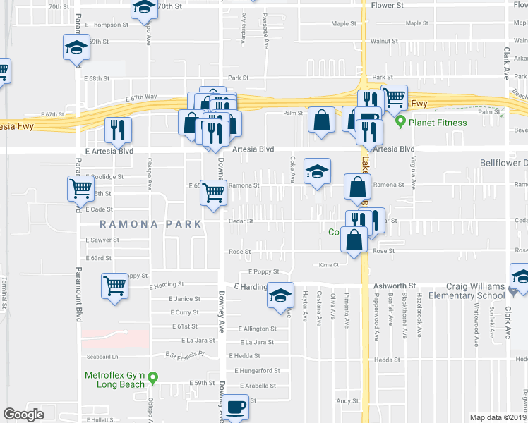 map of restaurants, bars, coffee shops, grocery stores, and more near 8603 Cedar Street in Bellflower