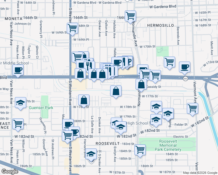 map of restaurants, bars, coffee shops, grocery stores, and more near 1548 West Artesia Square in Gardena