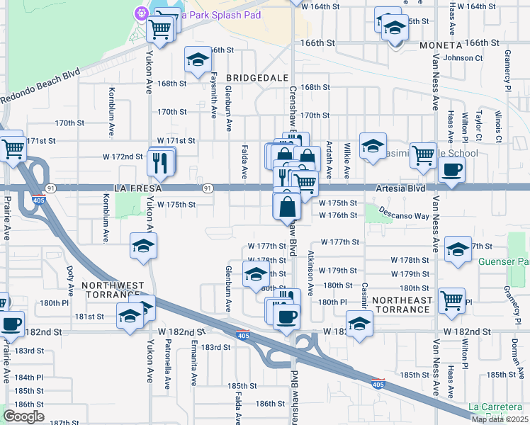 map of restaurants, bars, coffee shops, grocery stores, and more near 17512 Delia Avenue in Torrance