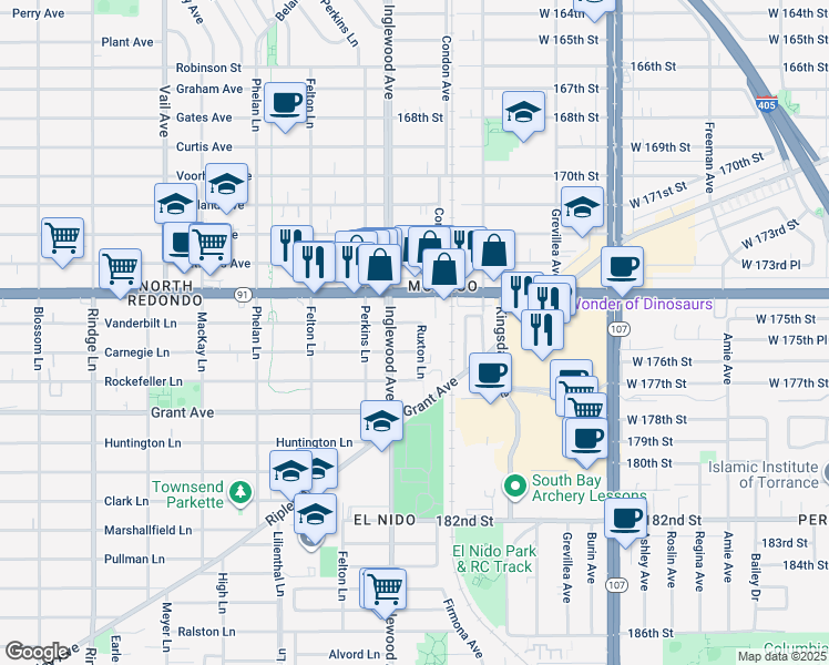 map of restaurants, bars, coffee shops, grocery stores, and more near 2718 Vanderbilt Lane in Redondo Beach