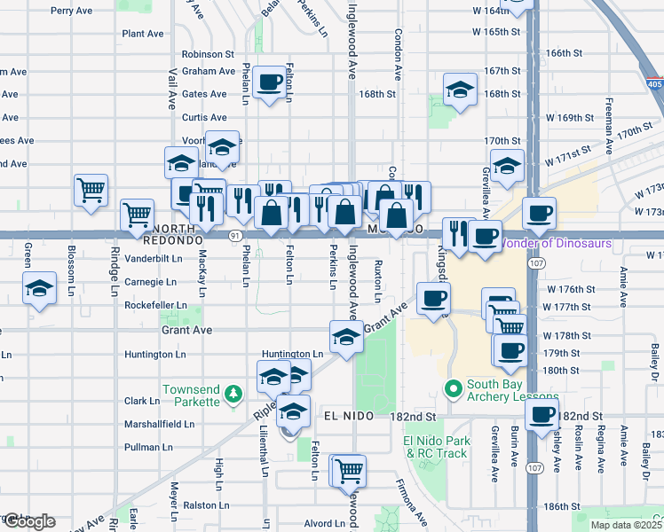 map of restaurants, bars, coffee shops, grocery stores, and more near 1806 Perkins Lane in Redondo Beach