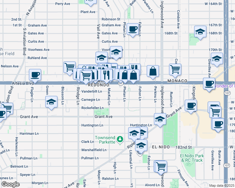 map of restaurants, bars, coffee shops, grocery stores, and more near 2404 Vanderbilt Lane in Redondo Beach