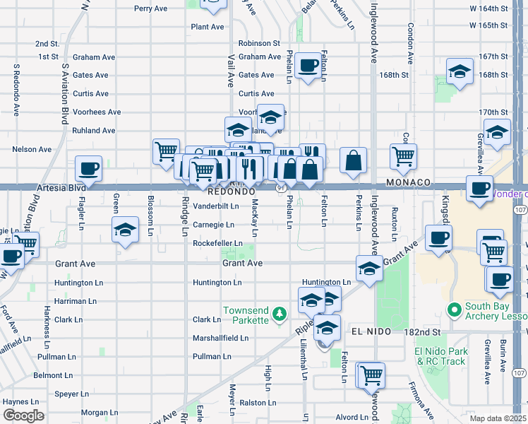 map of restaurants, bars, coffee shops, grocery stores, and more near 2404 Vanderbilt Lane in Redondo Beach