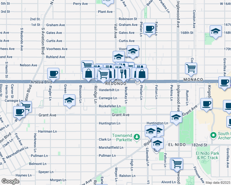 map of restaurants, bars, coffee shops, grocery stores, and more near 2312 Vanderbilt Lane in Redondo Beach