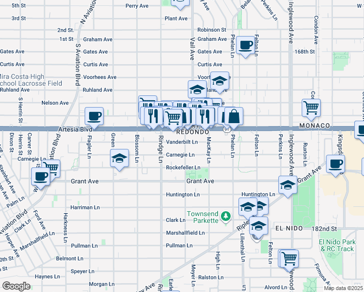 map of restaurants, bars, coffee shops, grocery stores, and more near 2213 Carnegie Lane in Redondo Beach