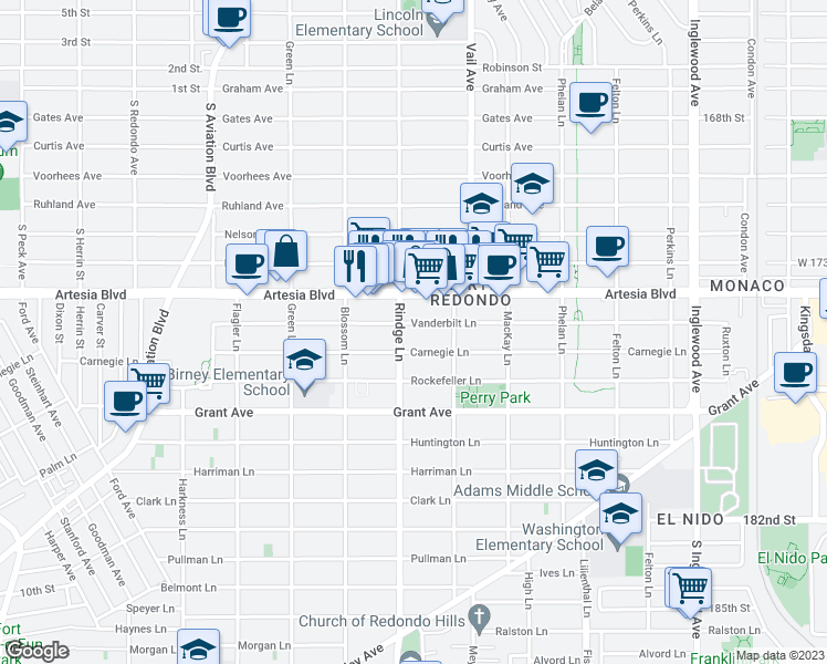 map of restaurants, bars, coffee shops, grocery stores, and more near 2200 Vanderbilt Lane in Redondo Beach