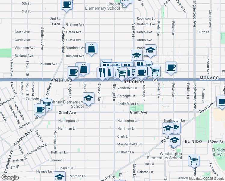 map of restaurants, bars, coffee shops, grocery stores, and more near 2200 Vanderbilt Lane in Redondo Beach