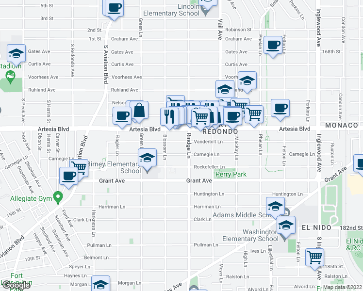 map of restaurants, bars, coffee shops, grocery stores, and more near 2109 Carnegie Lane in Redondo Beach