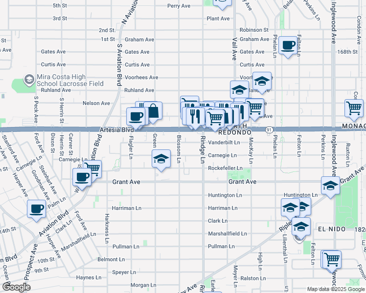map of restaurants, bars, coffee shops, grocery stores, and more near 2109 Carnegie Lane in Redondo Beach