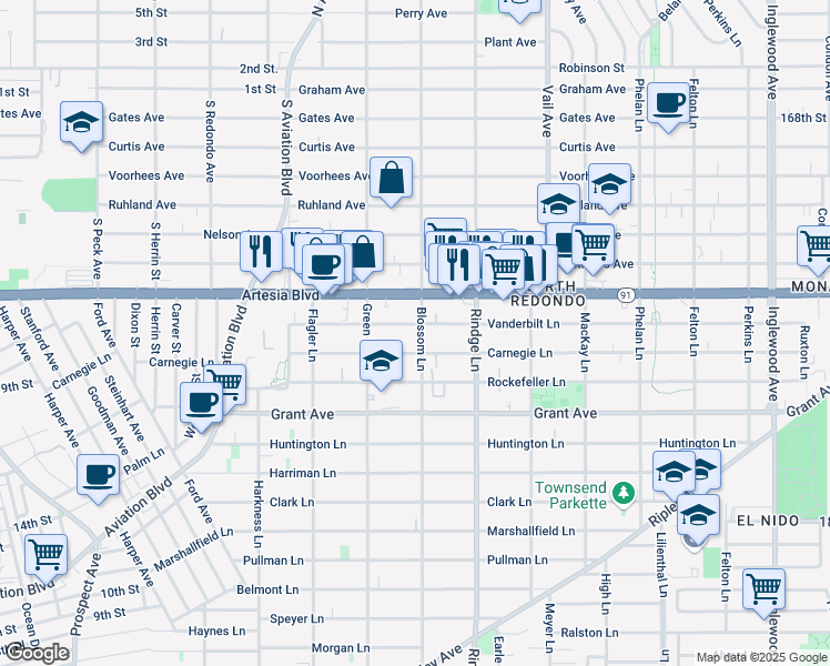 map of restaurants, bars, coffee shops, grocery stores, and more near 2016 Vanderbilt Lane in Redondo Beach